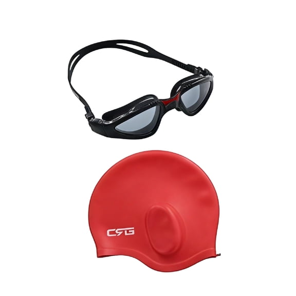 CRG Silicone Swimming Cap, UV Protection Anti Fog Adjustable Swimming Swim Goggles Set for Man, Women, Adult (890BR-PCS Red)