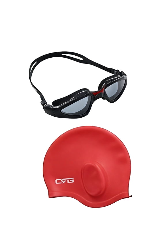 CRG Silicone Swimming Cap, UV Protection Anti Fog Adjustable Swimming Swim Goggles Set for Man, Women, Adult (890BR-PCS Red)