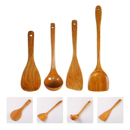 CRILSTYLEO Kitchen Utensils Set of 4 Pieces, Wooden Cooking Tools in Yellow for Family Use