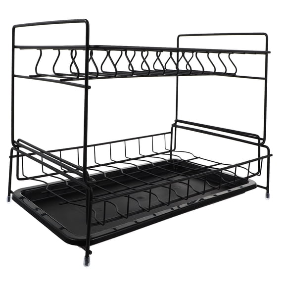 CRILSTYLEO Double-Deck Iron Kitchen Plate Rack, Black, Multi-Functional Draining Shelf, Organized Storage