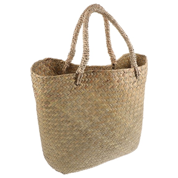 CRILSTYLEO 1Pc Khaki Woven Straw Basket Handled Storage Basket for Home Living Room Decor