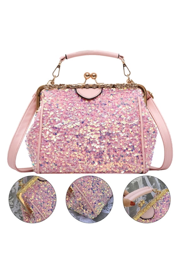 1Pc Pink Multifunctional Shoulder Pouch Sequins Handbag for Phone Makeup Storage