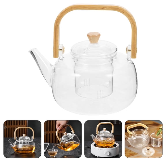 CRILSTYLEO Glass Tea Kettle with Heat Resistant Base and Wood Handle for Hot Tea and Coffee