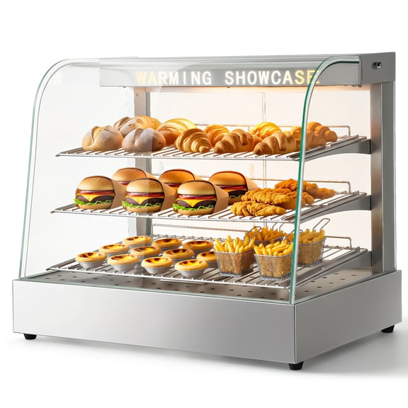 CRILSTYLEO 26 Inch 3 Tier Commercial Food Warmer Countertop Glass Display Case with LED Lighting Electric Heat Preservation Cabinet for Pizza Buffet Restaurant Catering Use