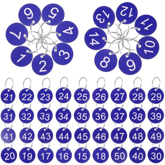 CRILSTYLEO 50Sets Blue Acrylic Key Tag with Metal Ring for Hanging Portable Round Number Identification