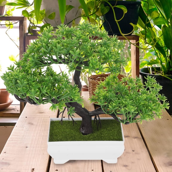 CRILSTYLEO Artificial Pine Bonsai Tree, Green Plastic Mini Potted Tabletop Centerpiece Decor for Home Office Living Room