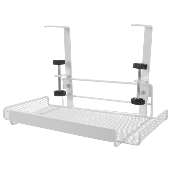 CRILSTYLEO White Under Desk Clamp Shelf with Cable Management Basket, Heavy Duty Carbon Steel Organizer for Office Workspace