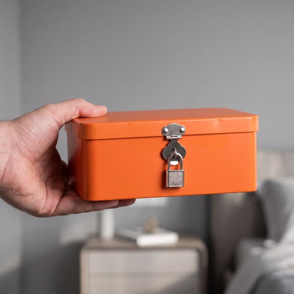 CRILSTYLEO Small Orange Metal Tin Box, and Lockable Storage Case for Jewelry, Accessories, and Everyday Essentials