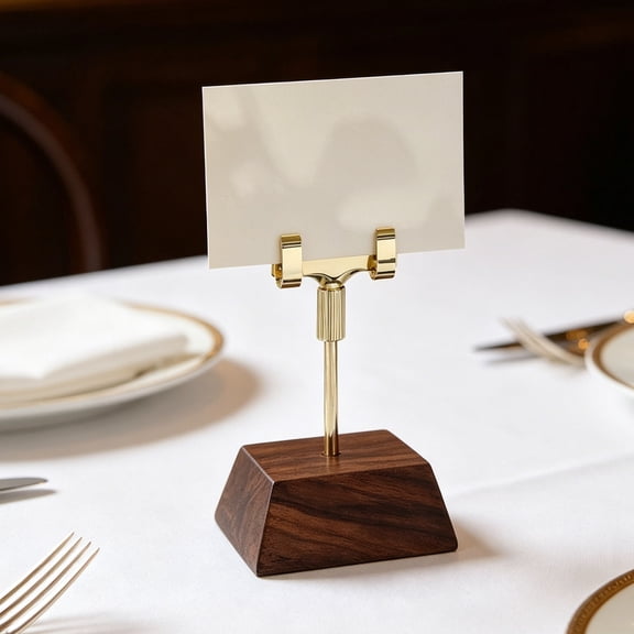 CRILSTYLEO Table Sign Stand, Walnut Wood Base with Metal Clip, Desktop Menu Card Holder for Wedding Cafe Office