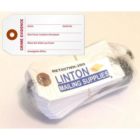 "CRIME EVIDENCE" Identification Tag, 3.75" x 1.875" Durable White Cardstock with Reinforced Hole, Pre-Wired - Pack of 100 Tags