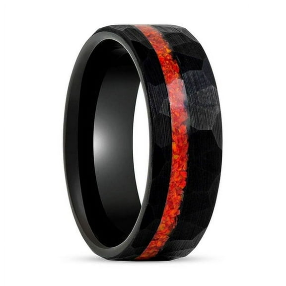 CRIMSONITE | Black Tungsten Ring, Hammered, Orange Opal Inlay, Flat
