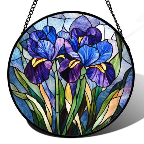 CRISGIF Stained Glass Window Hanging - Blue Purple Iris Flower Suncatcher for Door Garden Patio Sun Catchers Decor Christmas Mother's Day Birthday Gifts for Women Men Mom Nana Aunt Friend 9.8 in A101