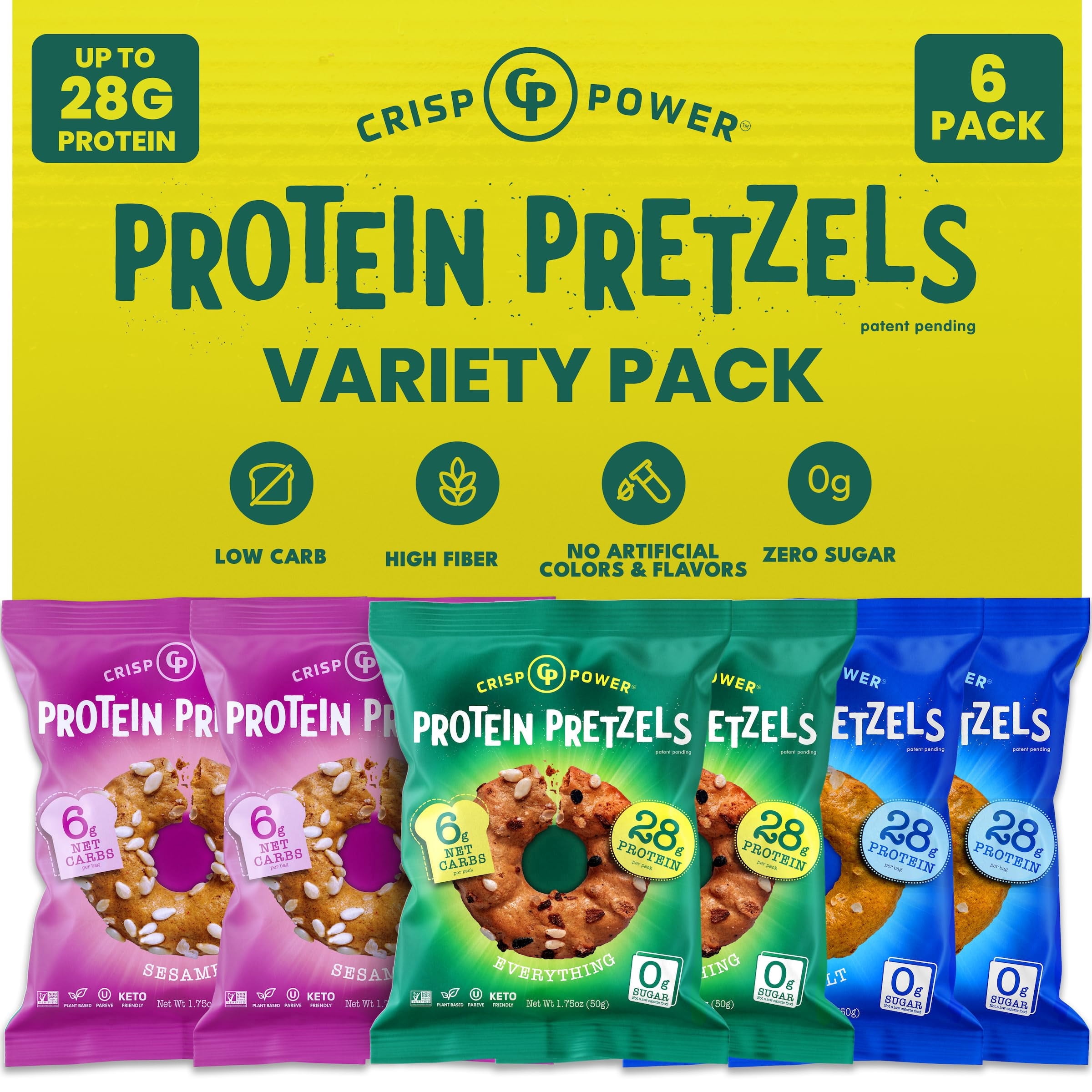 CRISP POWER Protein Pretzels, Variety Pack With Sea Salt, Sesame, & Everything, Up To 28G Protein, High Protein Snack, High Fiber, Low Carb Crunchy Pretzel Snacks, No Added Sugar, 1.75 oz Bags, 6 Pac