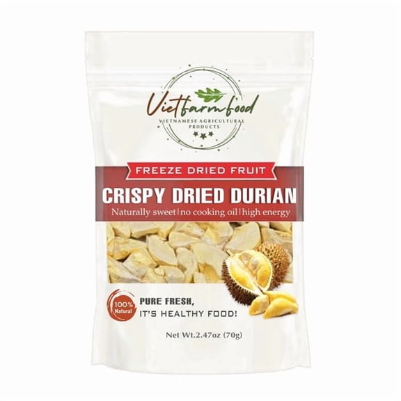 CRISPY DRIED DURIAN 2.47 oz (70g) VIETFARMFOOD: Freeze-dried, no sugar added, naturally sweet. Nutritious, pure, and crunchy. Great for snacking, toppings, desserts, or healthy gifting.