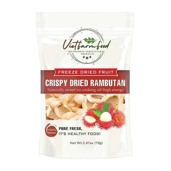 CRISPY DRIED RAMBUTAN 2.47 oz (70g) VIETFARMFOOD: Freeze-dried, no sugar added, naturally sweet. Nutritious, pure, and crunchy. Great for snacking, toppings, desserts, or healthy gifting.
