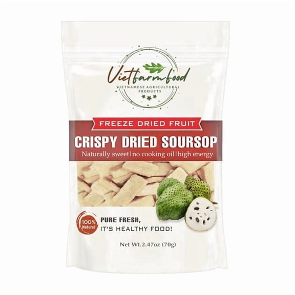 CRISPY DRIED SOURSOP GUANABANA 2.47 oz (70g) VIETFARMFOOD: Freeze-dried, no sugar added, naturally sweet & sour. Nutritious, pure, and crunchy. Great for snacking, topping, dessert, healthy gifting.
