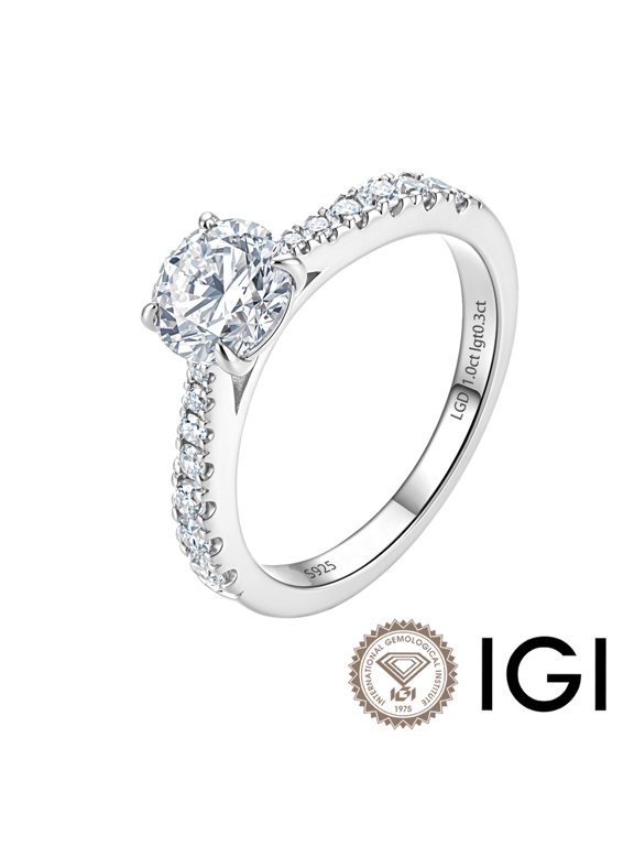 IGI Certified Lab-Grown Diamond Classic 4-Prong 1 Carat Round Cut 925 Sterling Silver White-Tone Women's Engagement Ring