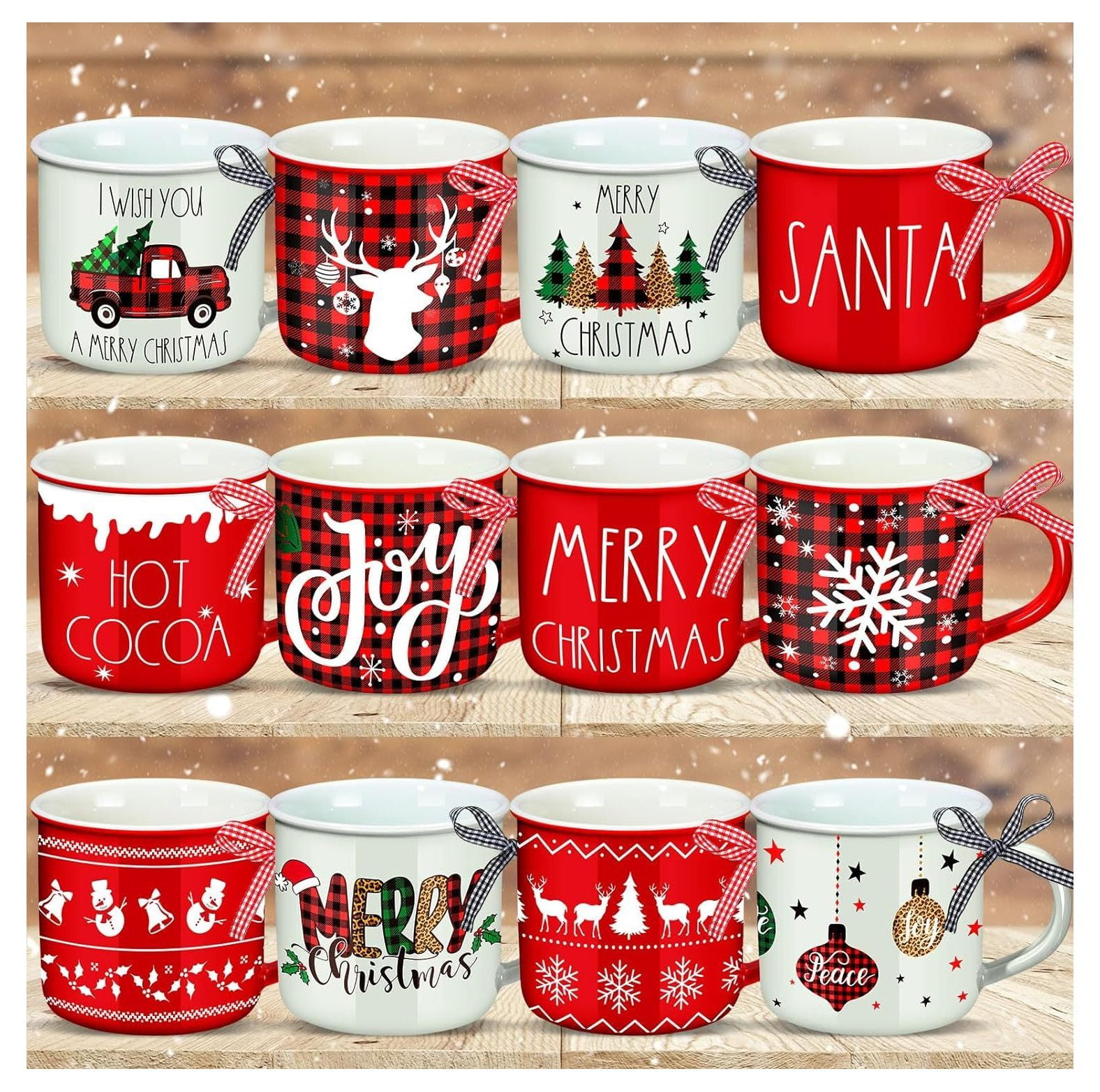 CRIXLHIX 12 Pcs Ceramic Christmas Mug with Ribbon 11 oz Christmas