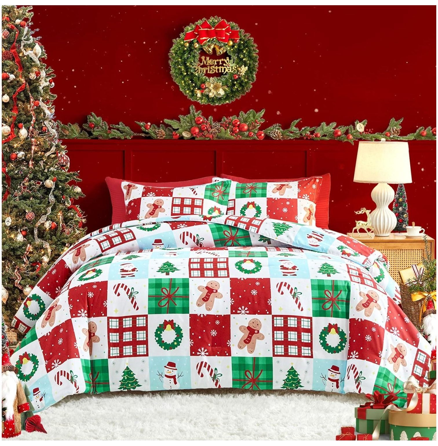 CRIXLHIX 3pcs Christmas Comforter Set, Red Green Plaid Holiday Design