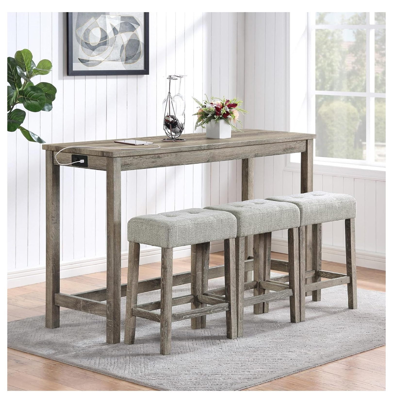 CRIXLHIX 4 Piece Bar Table Set, Bar Table and Chairs Set with Power