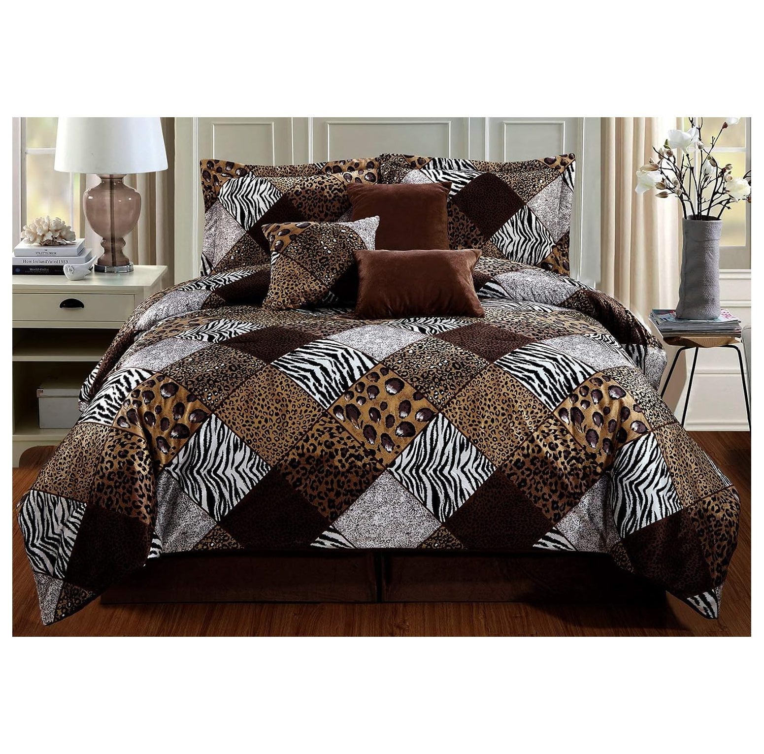 CRIXLHIX 7 Piece Queen Size Brown Black White Animal Print Safari