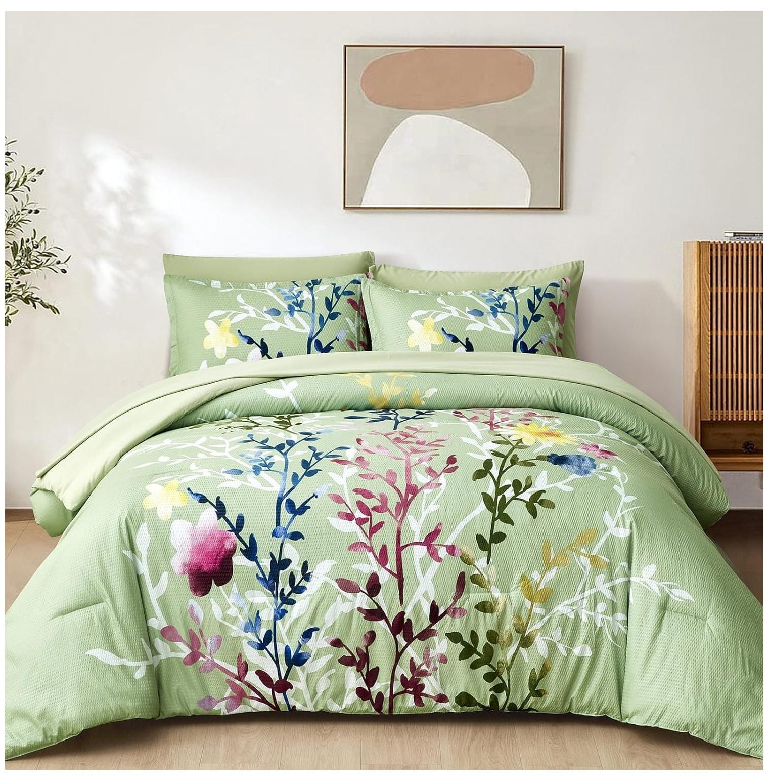 CRIXLHIX 7 Pieces Sage Green Bed in a Bag Queen Floral Comforter Set