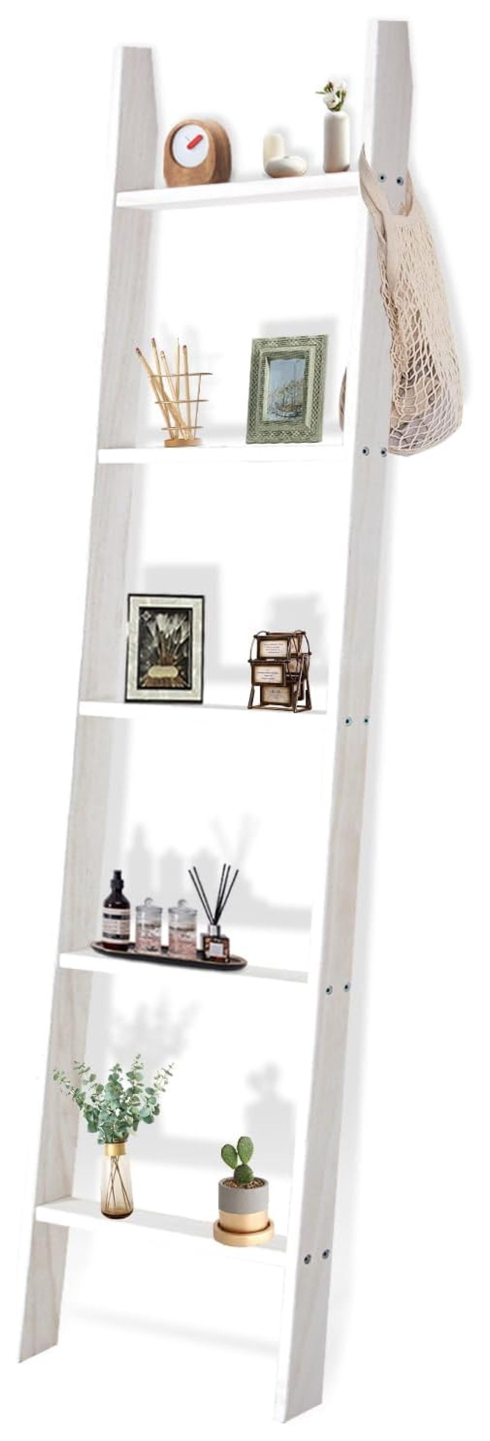 CRIXLHIX Blanket Ladder, 5Tier Ladder Shelf, Wood Ladder Bookshelf