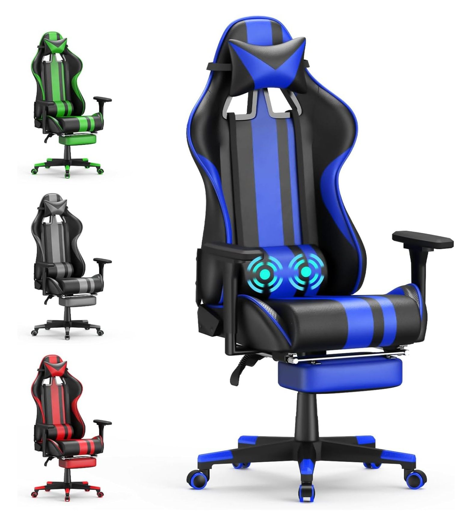 CRIXLHIX Blue Gaming Chair with Footrest,Leather Ergonomic Gamer Chair