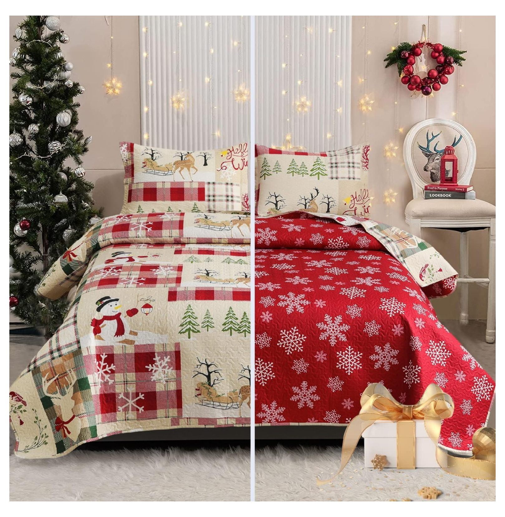 CRIXLHIX Christmas Quilts Set Queen Size Reversible Xmas Bedding Rustic ...