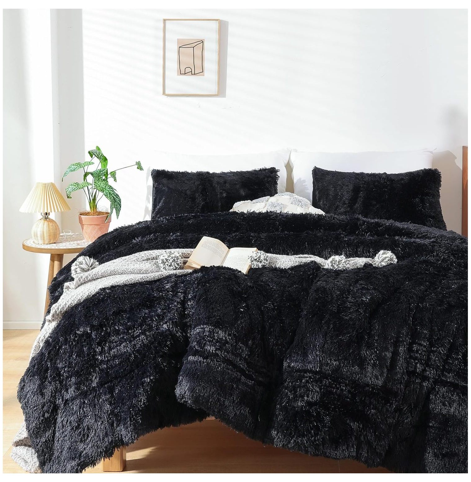 CRIXLHIX Faux Fur Comforter,Fuzzy Queen Comforter Set,Plush Black