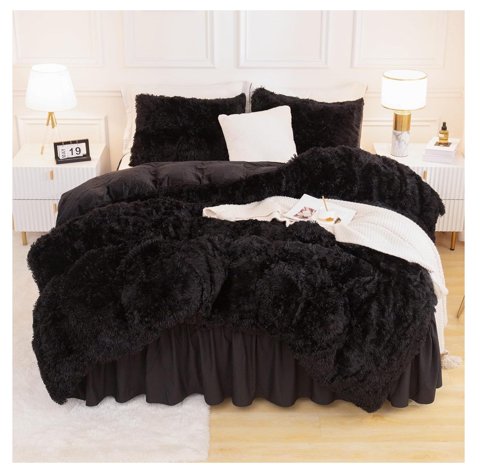 CRIXLHIX Faux Fur Queen Comforter Set Black, 3 Pieces Fluffy Fuzzy