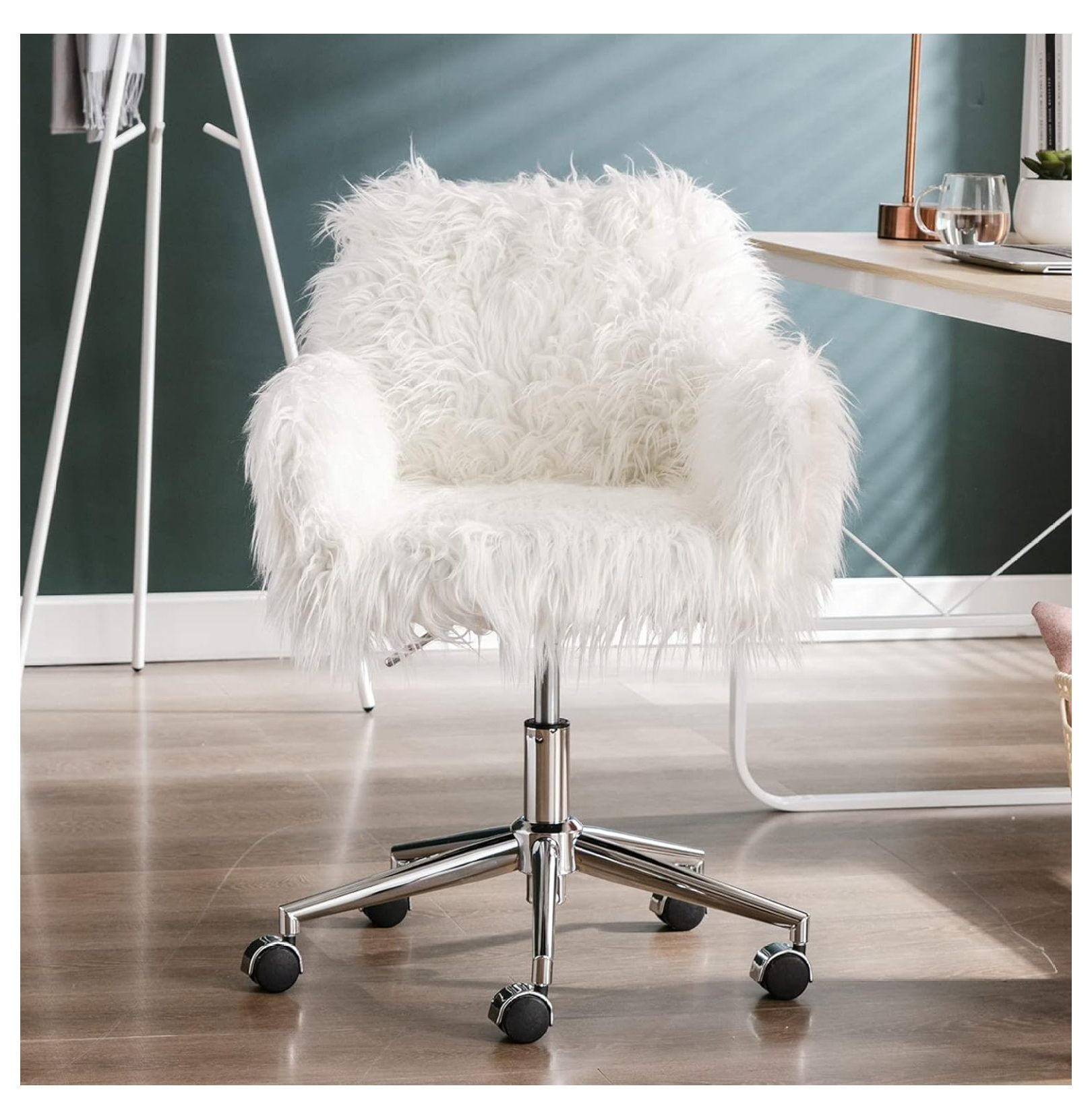 CRIXLHIX Faux Fur Vanity Chair Modern White Furry Makeup Desk Chairs for Girls Women Comfy