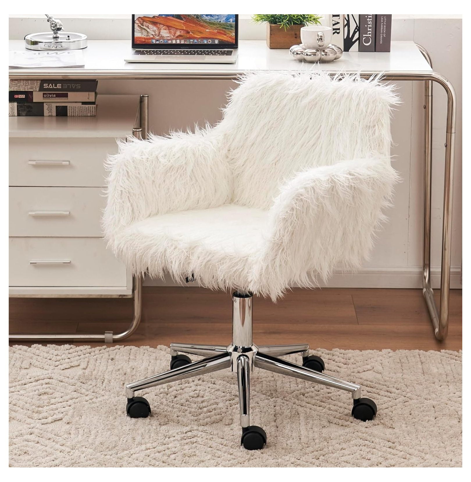 CRIXLHIX Fluffy Desk Chair, White Faux Fur Vanity Chair Swivel Office Chair for Girls Women