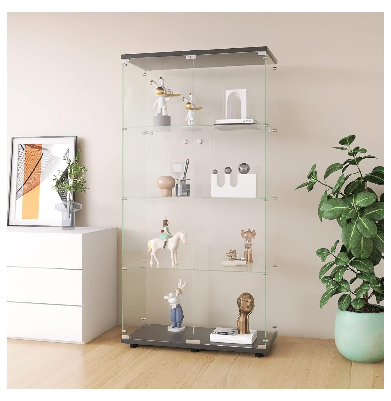 CRIXLHIX Glass Display with 2 Doors Glass Curio with 4