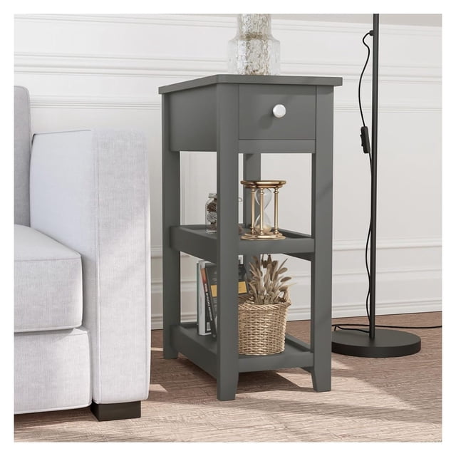 CRIXLHIX Grey End Table, 3-Tier Nightstand with Drawer and 2 Shelves ...