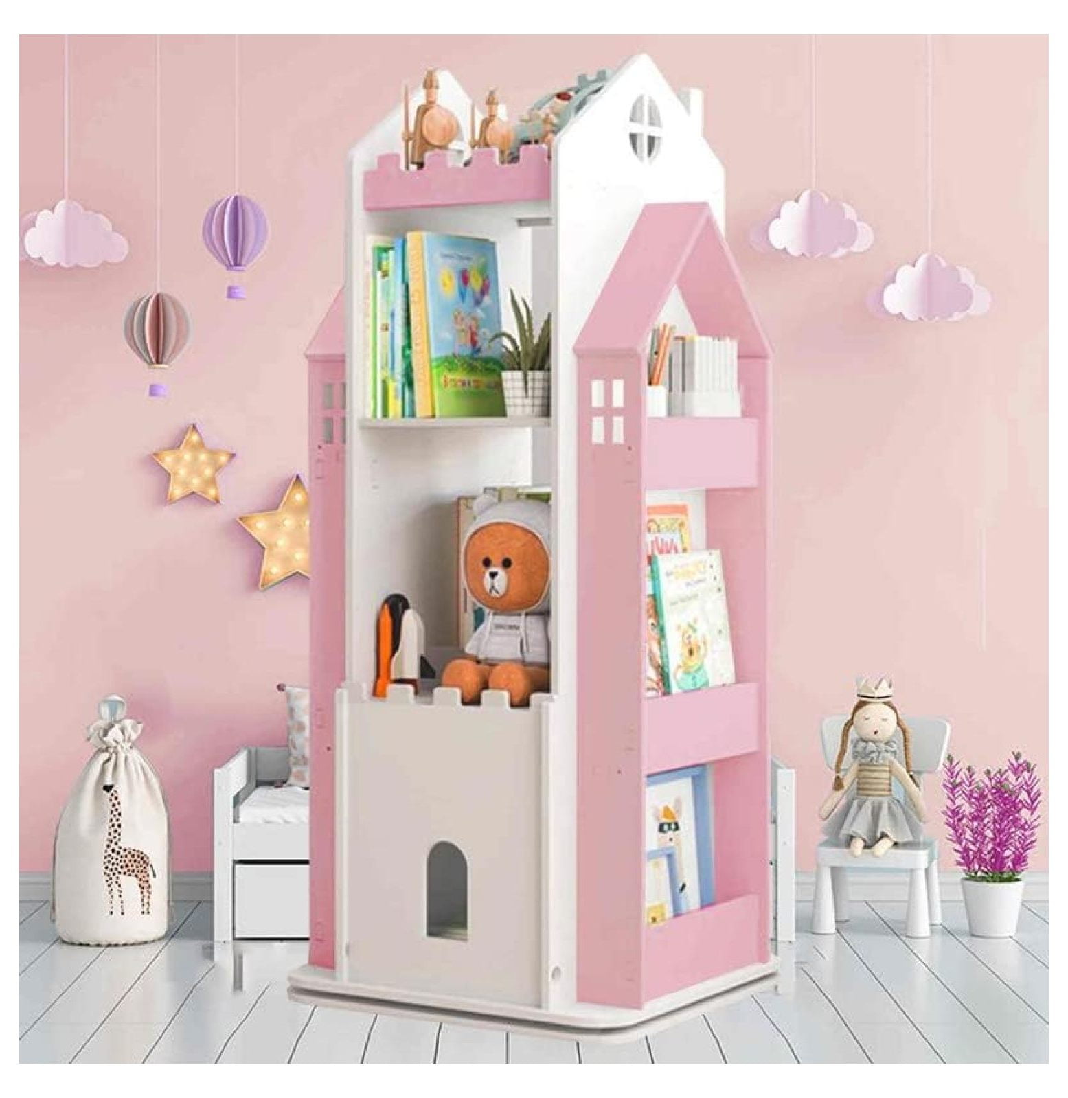 CRIXLHIX Kids Bookshelf 360° Castle Rotating Bookshelf Toy Storage