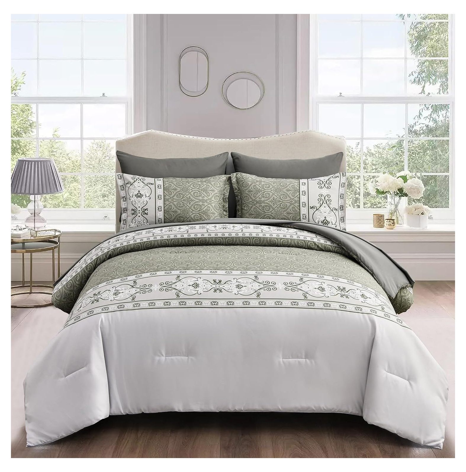 CRIXLHIX King Comforter Set Greyish Green Boho Bed in a Bag 7 Piece