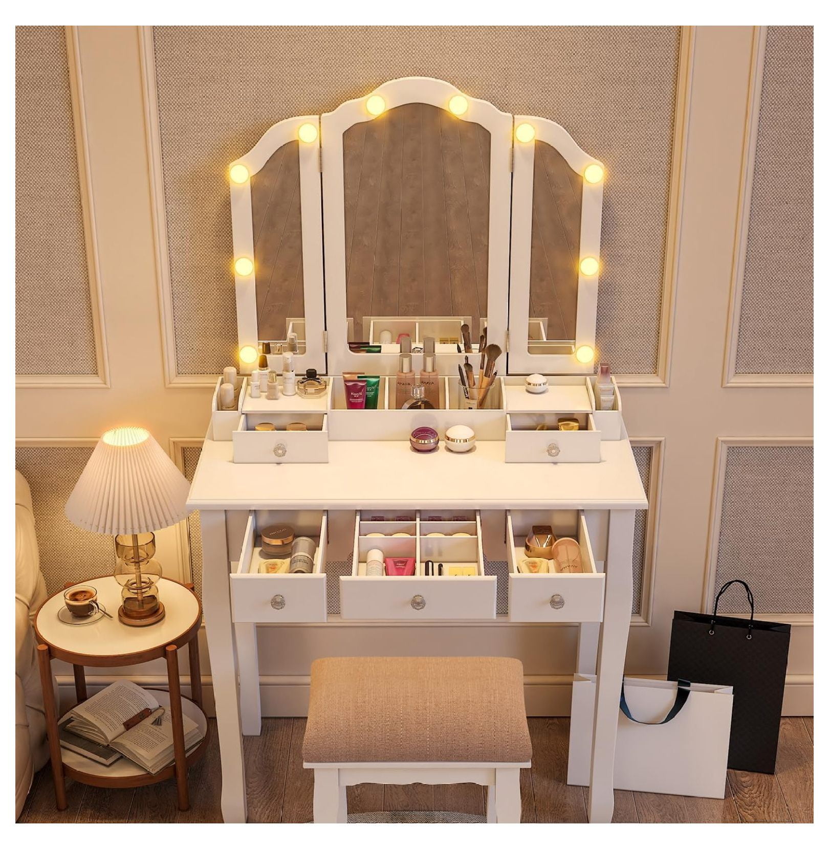 CRIXLHIX Makeup Vanity with Lights White Vanity Desk with Mirror and Lights Vanity Table with