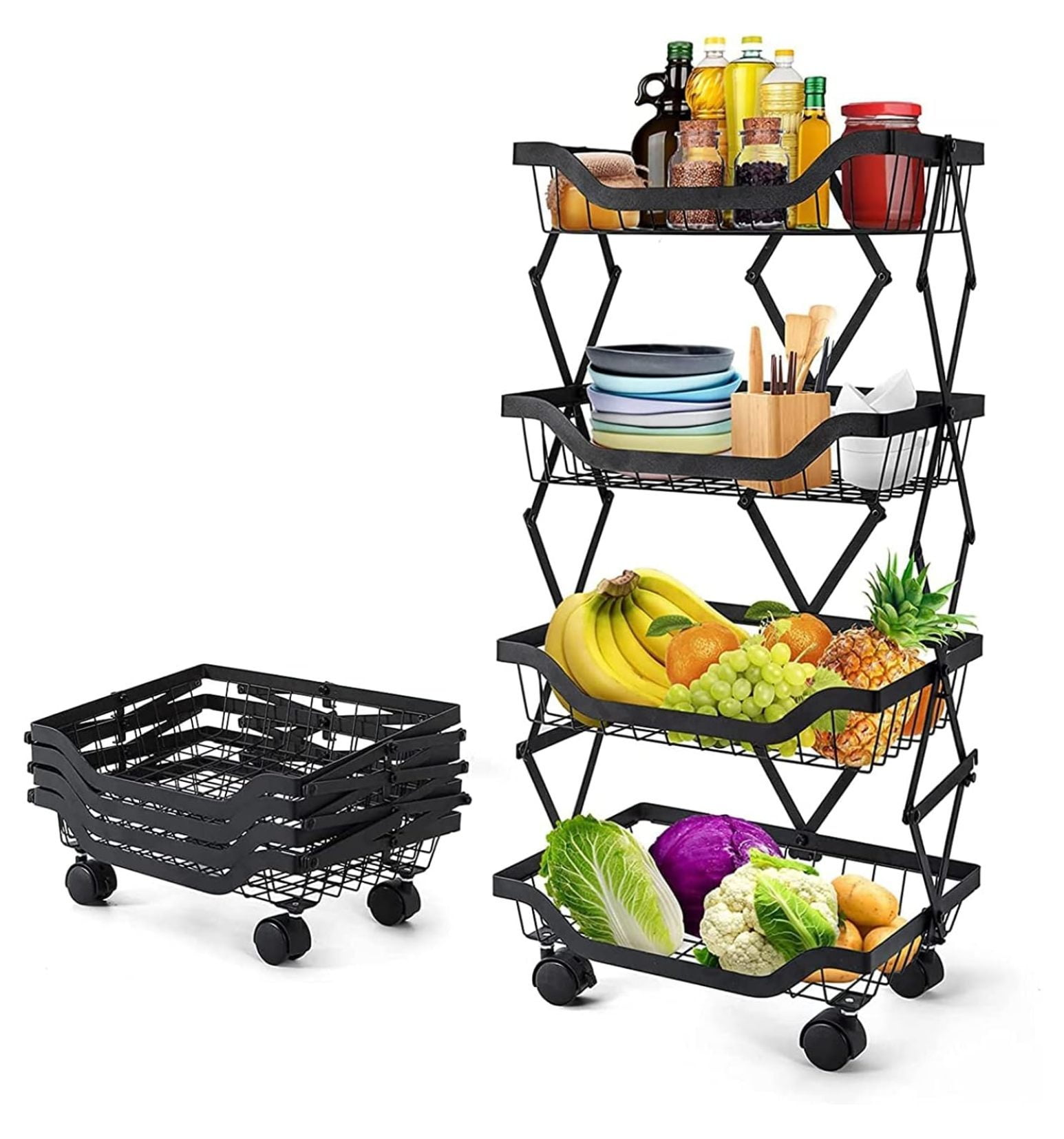 CRIXLHIX Metal Storage Baskets with Wheels 4 Tier Stackable Fruit