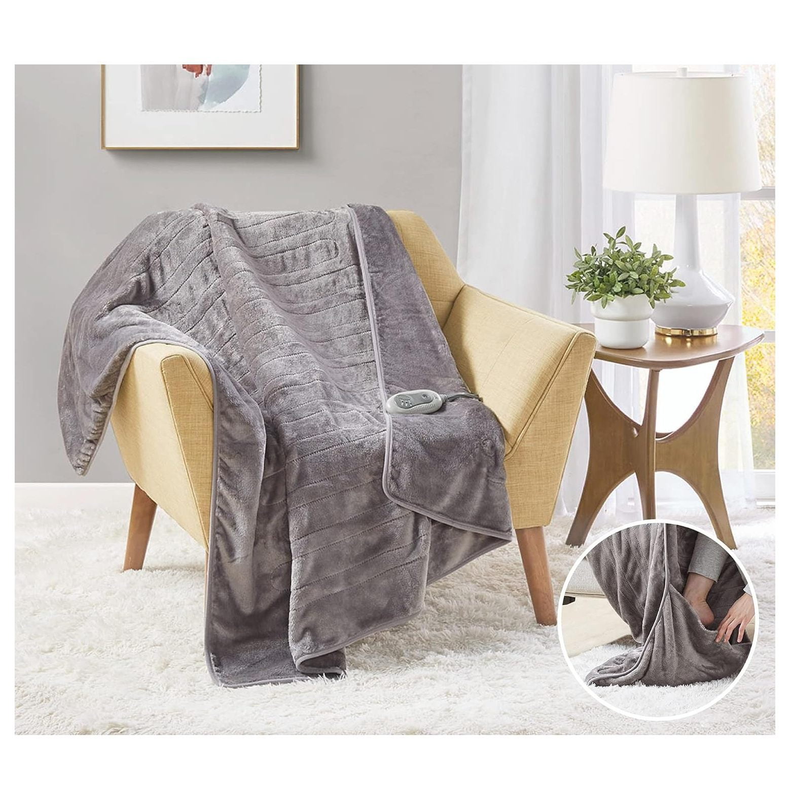 CRIXLHIX Plush Heated Throw Blanket with Foot Pocket for Adults
