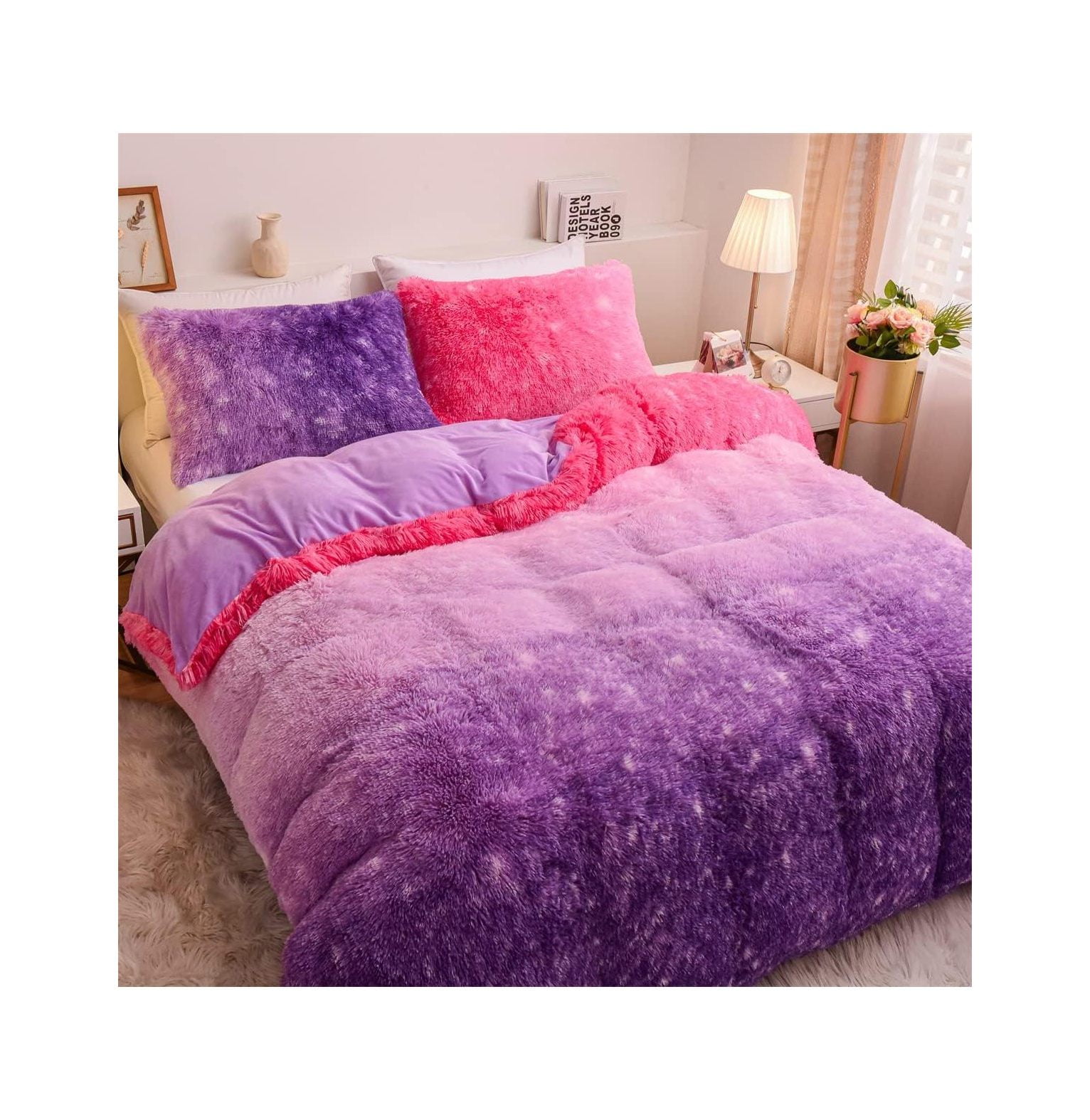 CRIXLHIX Purple Ombre Stars Shaggy Fuzzy Duvet Cover Set Queen Size