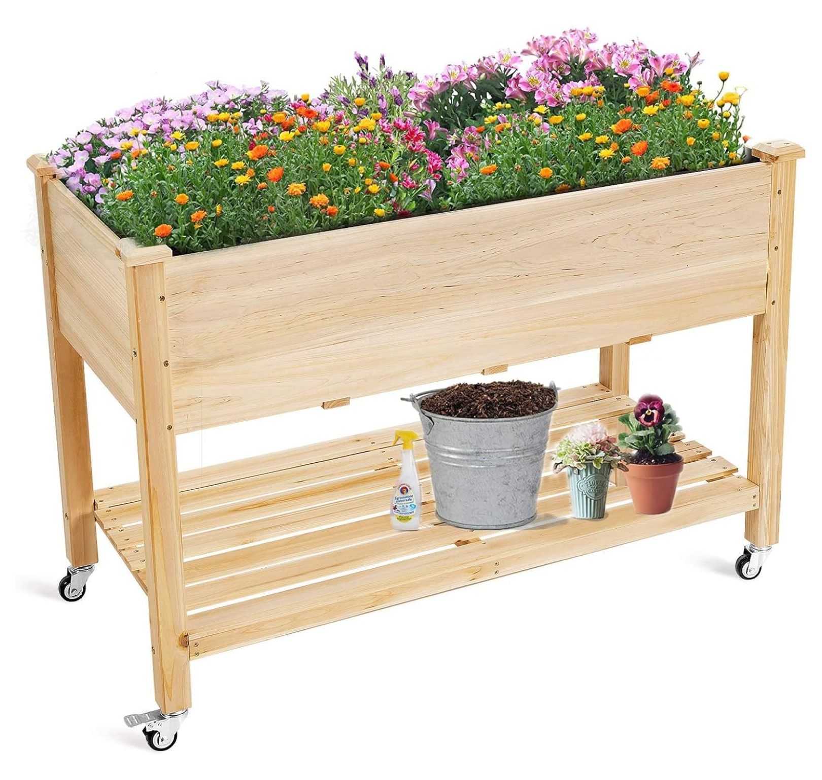 CRIXLHIX Raised Garden Bed with Wheels, " L X 24" W X 33" H Wooden Elevated Planter w/Lockable