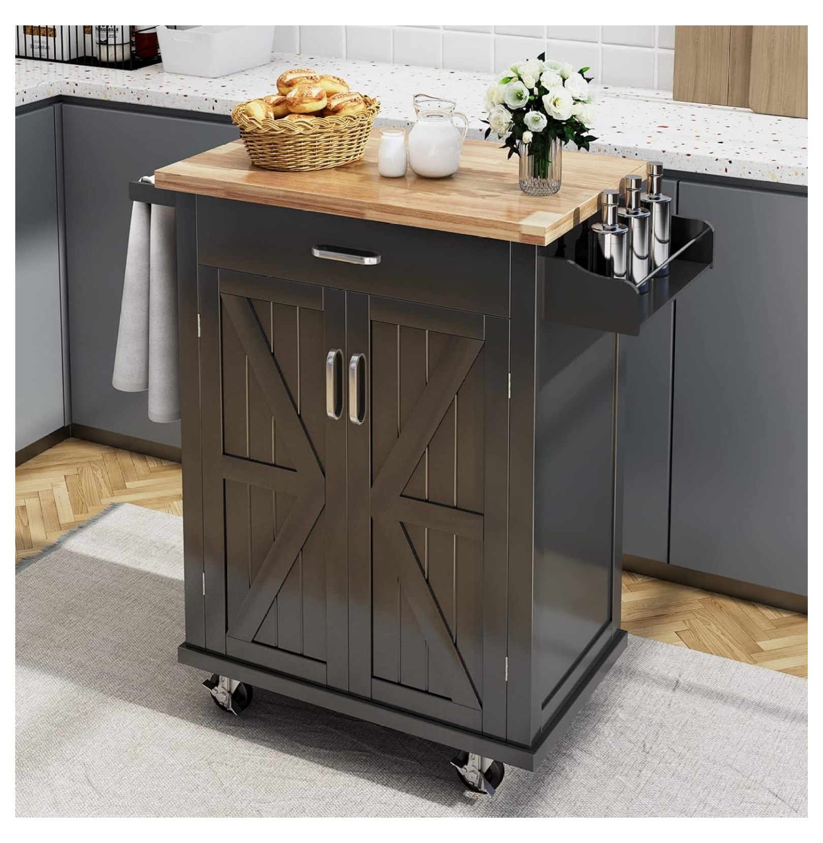 CRIXLHIX Rolling Kitchen Island with Spice Rack Towel Holder, Kitchen