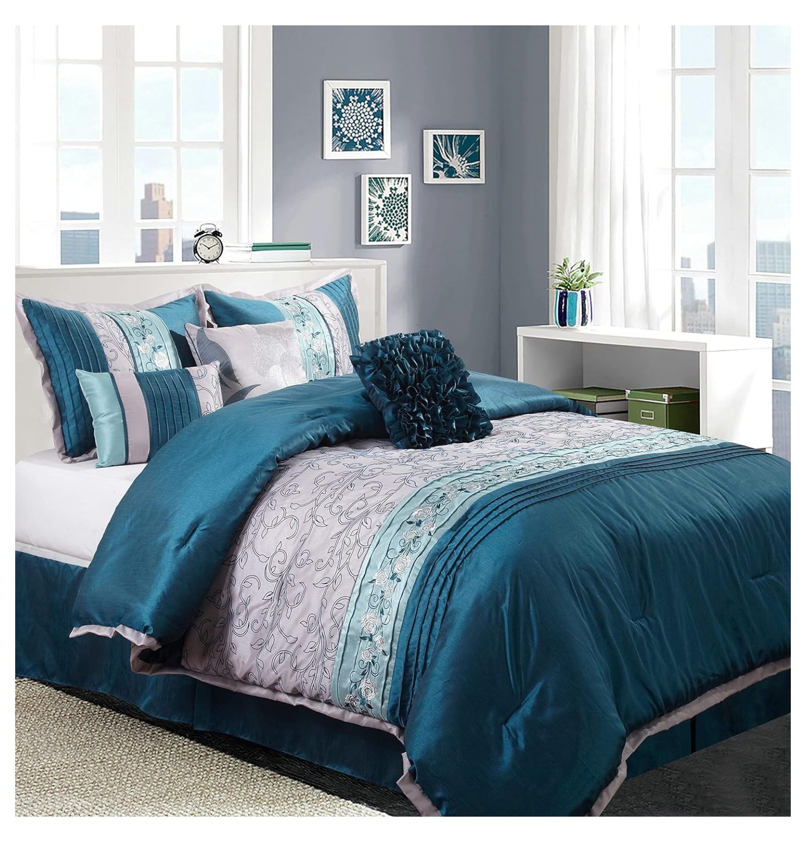 CRIXLHIX Teal/Grey Comforter Sets for Queen Bed, 7 Piece, Bedding Sets & Collections, Pillow