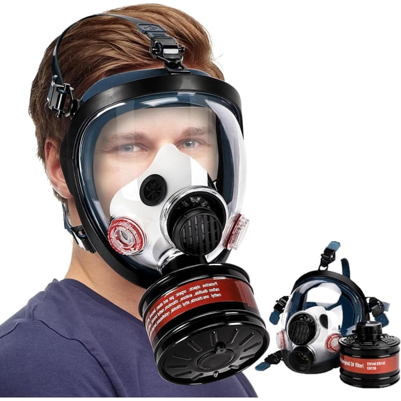 CRJKIJ Full Face Respirator Mask with 40mm Activated Carbon Filter & Supply Air Hose, Gas Mask Survival for Chemical, Gases, Dust, Organic Vapors,Painting, Spray, Welding,