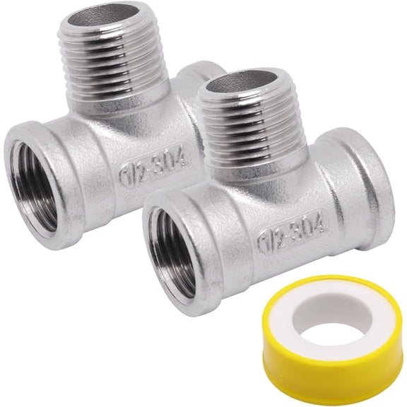 CRKMGS-1/2" NPT Male x 1/2" NPT Female x 1/2" Female Pipe Fitting, 304 Stainless Steel Tee Pipe Fittings, 3 Way T Shaped Connector, Male Branch Tee, 2 Pack