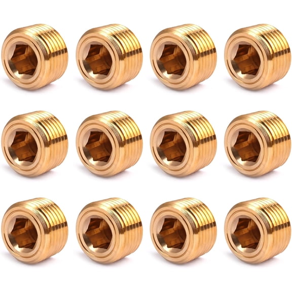 CRKMGS-12PCS Brass Pipe Plug Fitting 3/8" NPT Male Plug Hex Counter Sunk Plugs,Internal Hex Thread Socket Pipe Plugs Kit