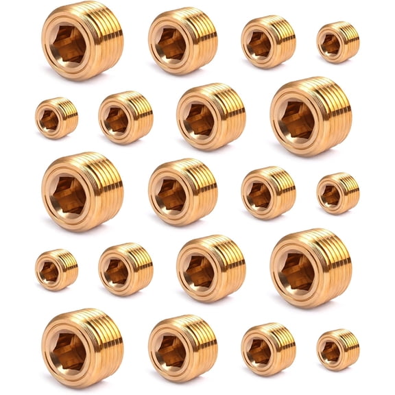 CRKMGS-20PCS Brass Pipe Plug Fitting Assortment Kit,1/4" 1/8" 3/8" 1/2" NPT Male Plug Hex Counter Sunk Plugs For Closing the End of Pipe,Internal Hex Thread Socket Pipe Plugs Set