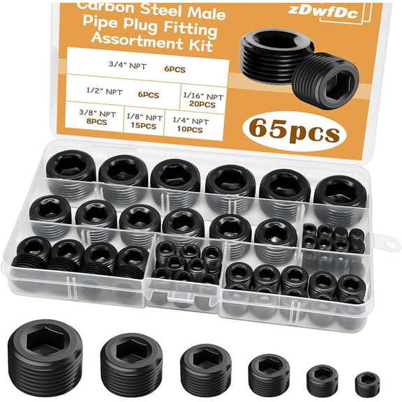 CRKMGS-65PCS 6 Size 1/16" 1/8" 1/4" 3/8" 1/2" 3/4" NPT Pipe Fittings, Black Carbon Steel Pipe Plug Socket Set DD032-65