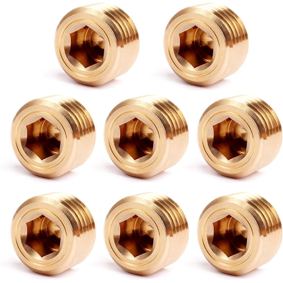 CRKMGS-8PCS Brass Pipe Plug Fitting 1/2" NPT Male Plug Hex Counter Sunk Plugs,Internal Hex Thread Socket Pipe Plugs Kit